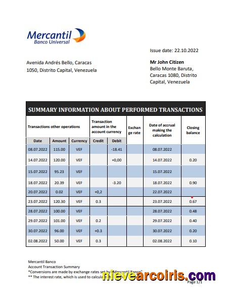 Venezuela Mercantil bank statement in Word and PDF format
